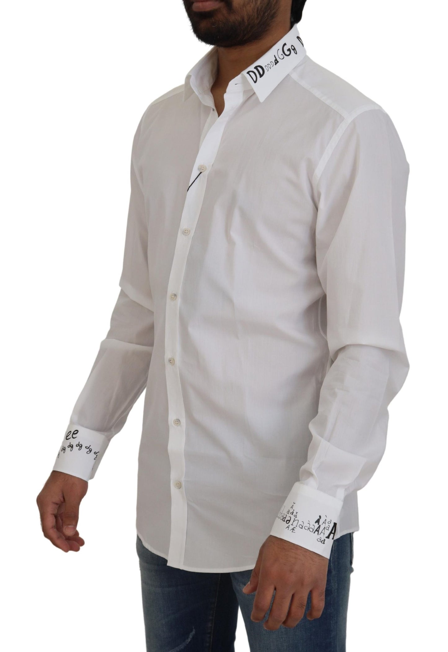 Dolce & Gabbana White Printed Cotton SlimFit Dress GOLD Shirt