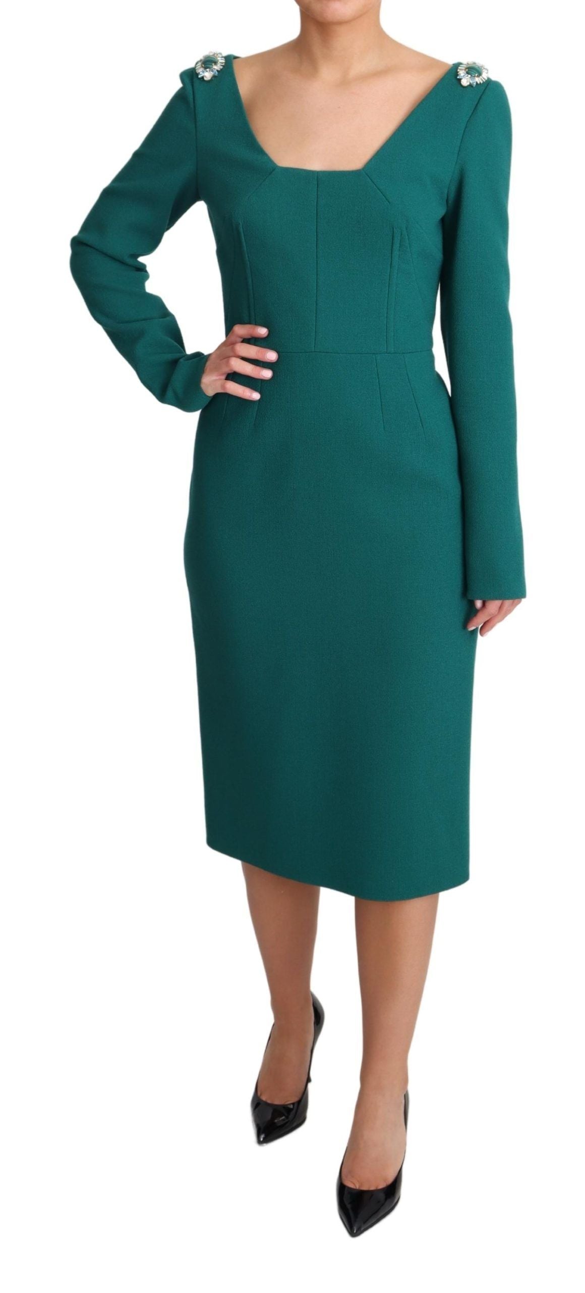 Dolce & Gabbana Emerald Wool Crepe Midi Dress With Crystal Brooches