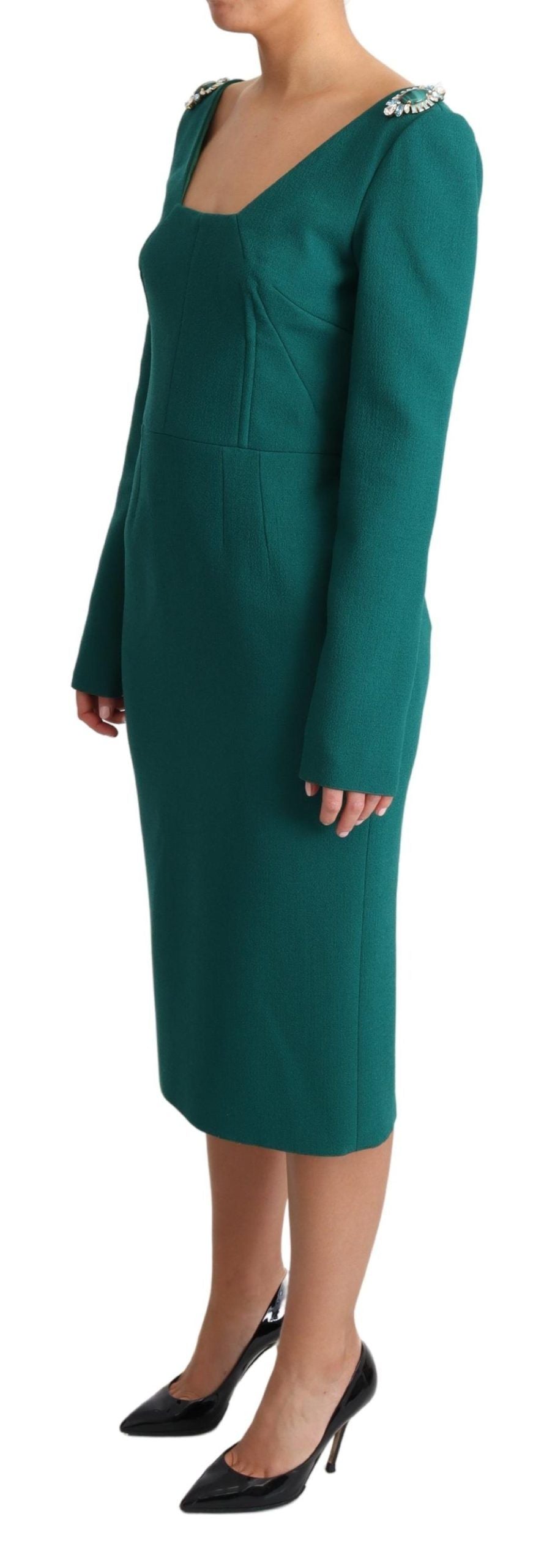 Dolce & Gabbana Emerald Wool Crepe Midi Dress With Crystal Brooches