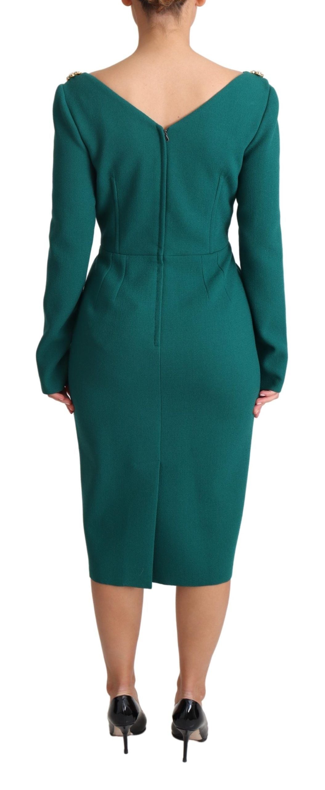 Dolce & Gabbana Emerald Wool Crepe Midi Dress With Crystal Brooches