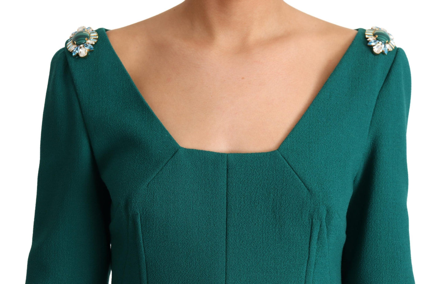 Dolce & Gabbana Emerald Wool Crepe Midi Dress With Crystal Brooches