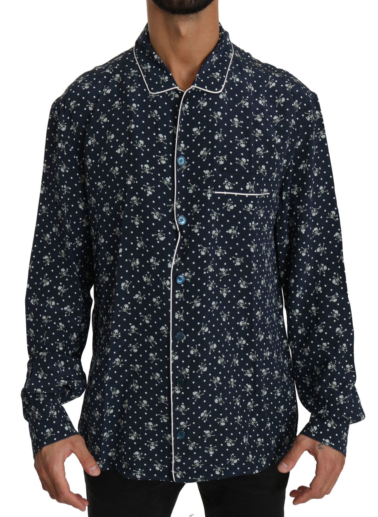 Dolce & Gabbana Silken Elegance: Blue Skull Print Lounge Shirt