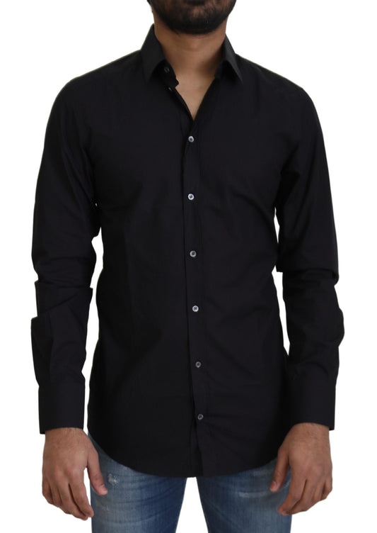 Dolce & Gabbana Black Cotton Slim Fit Formal Dress GOLD Shirt