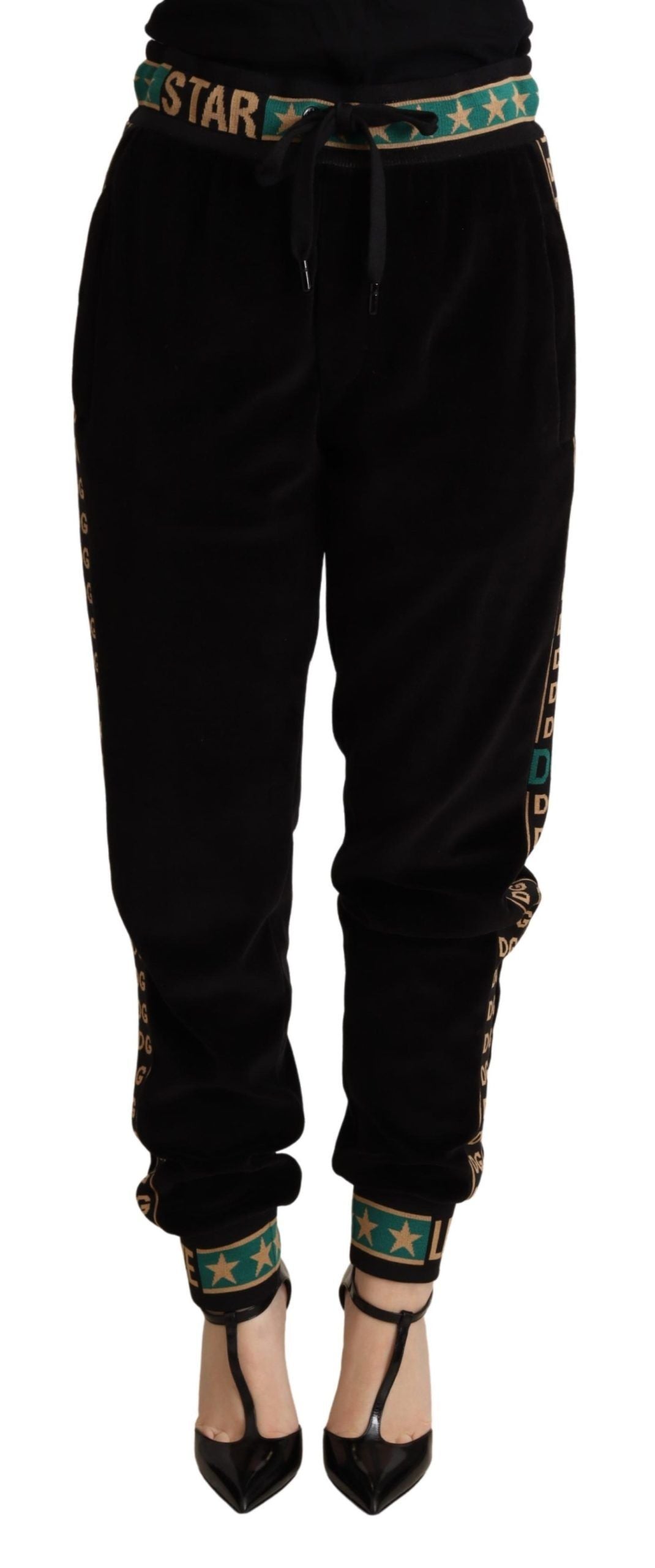 Dolce & Gabbana Chic Black Velour Embroidered Sweatpants