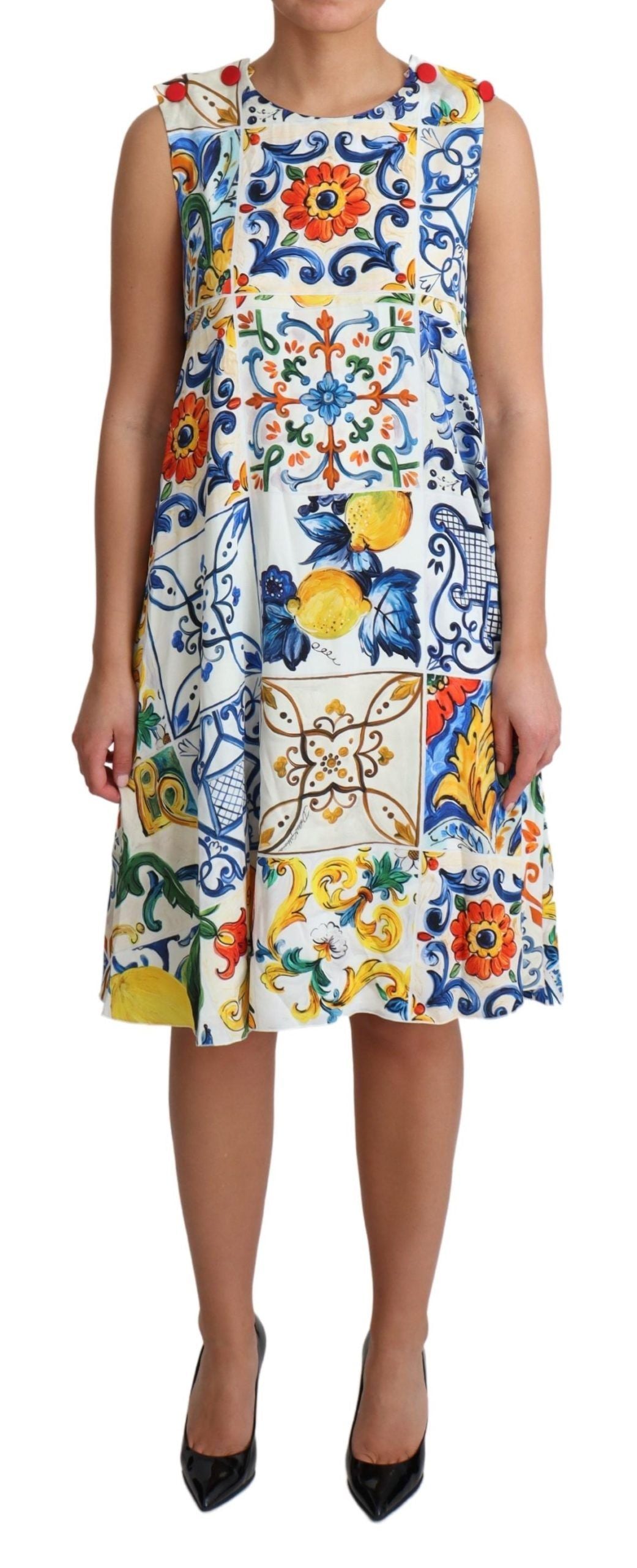 Dolce & Gabbana Majolica Print Silk Sleeveless Knee-Length Dress