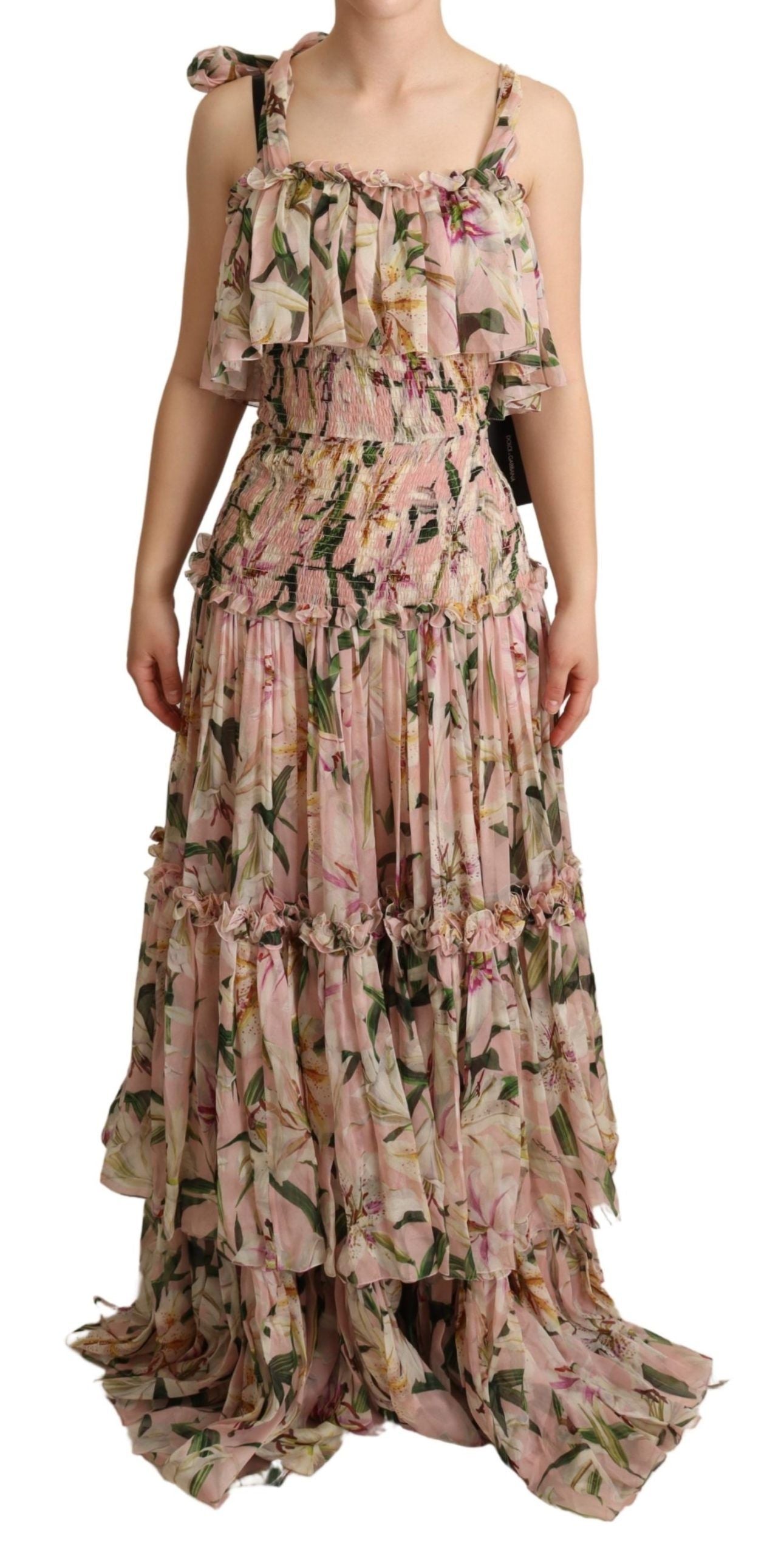 Dolce & Gabbana Elegant Sleeveless Floral Ruched Silk Long Dress