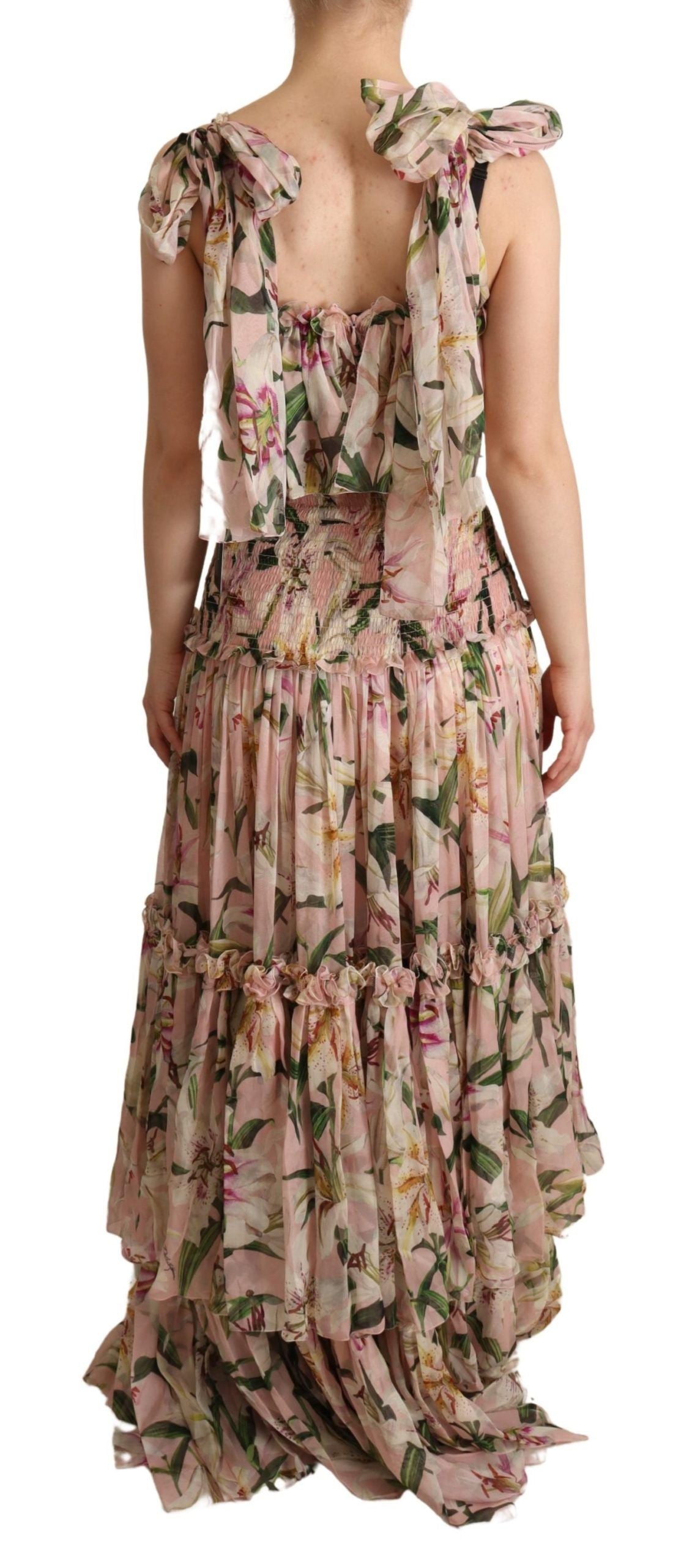 Dolce & Gabbana Elegant Sleeveless Floral Ruched Silk Long Dress