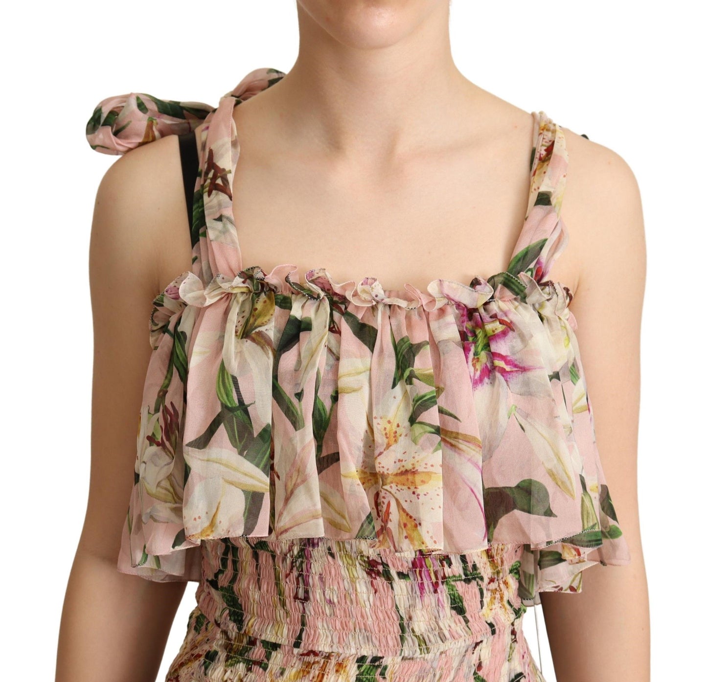 Dolce & Gabbana Elegant Sleeveless Floral Ruched Silk Long Dress