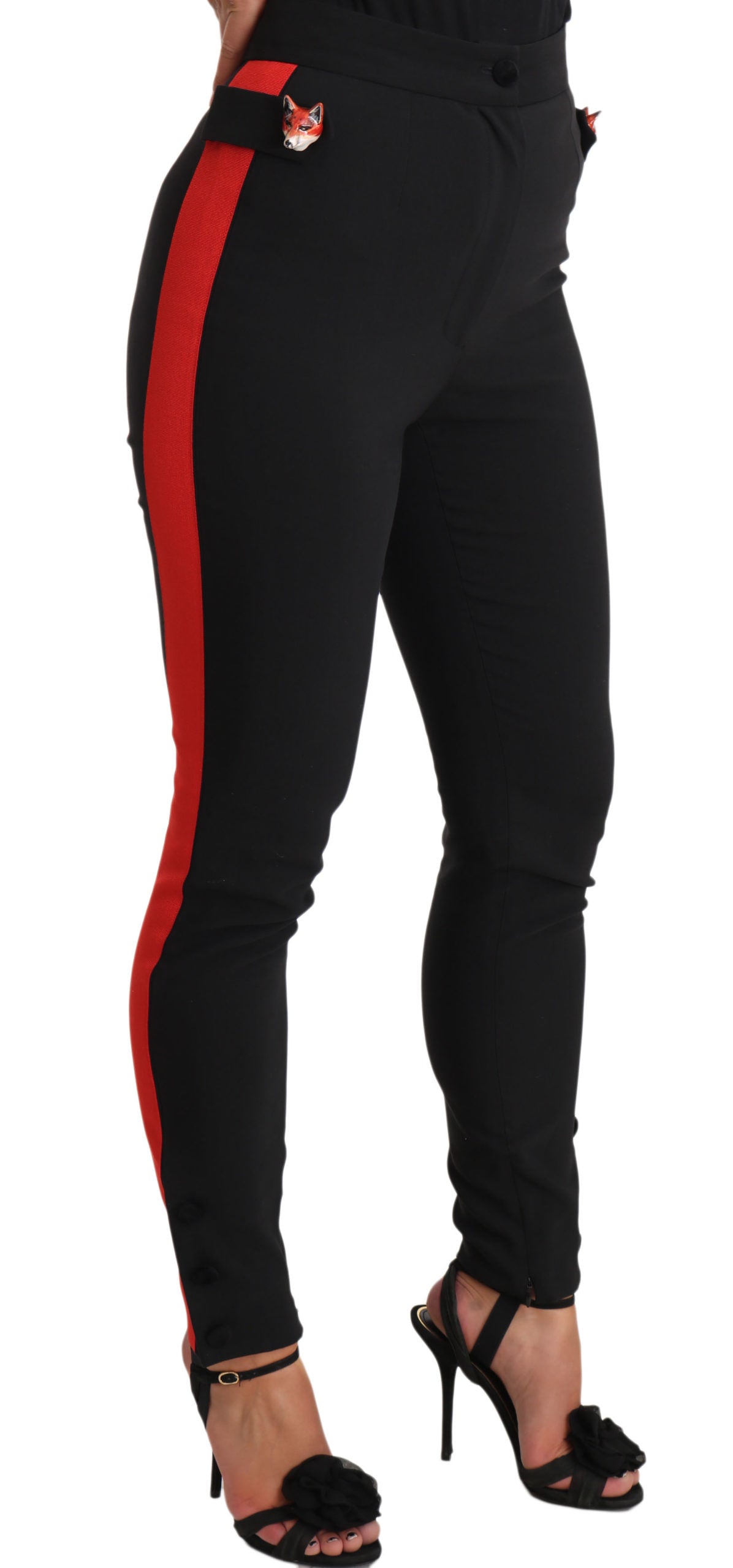 Dolce & Gabbana Chic Black Mid-Waist Skinny Pants with Red Stripe