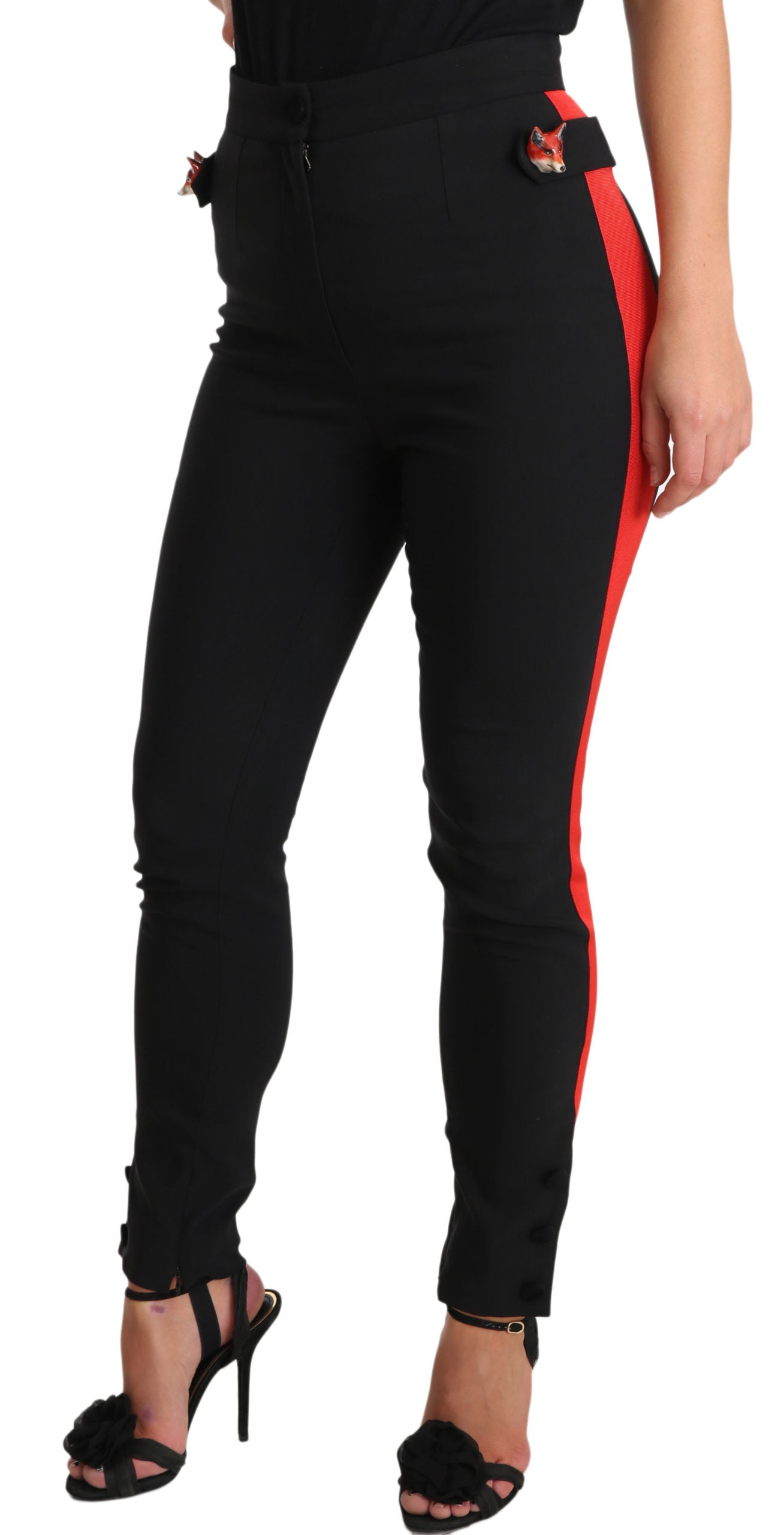 Dolce & Gabbana Chic Black Mid-Waist Skinny Pants with Red Stripe