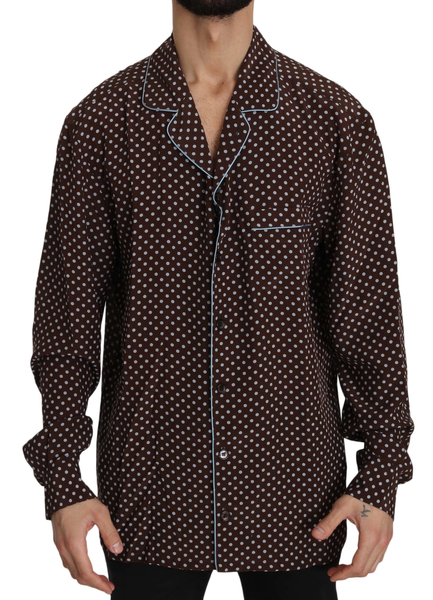 Dolce & Gabbana Brown Blue Polka Dot Silk Shirt