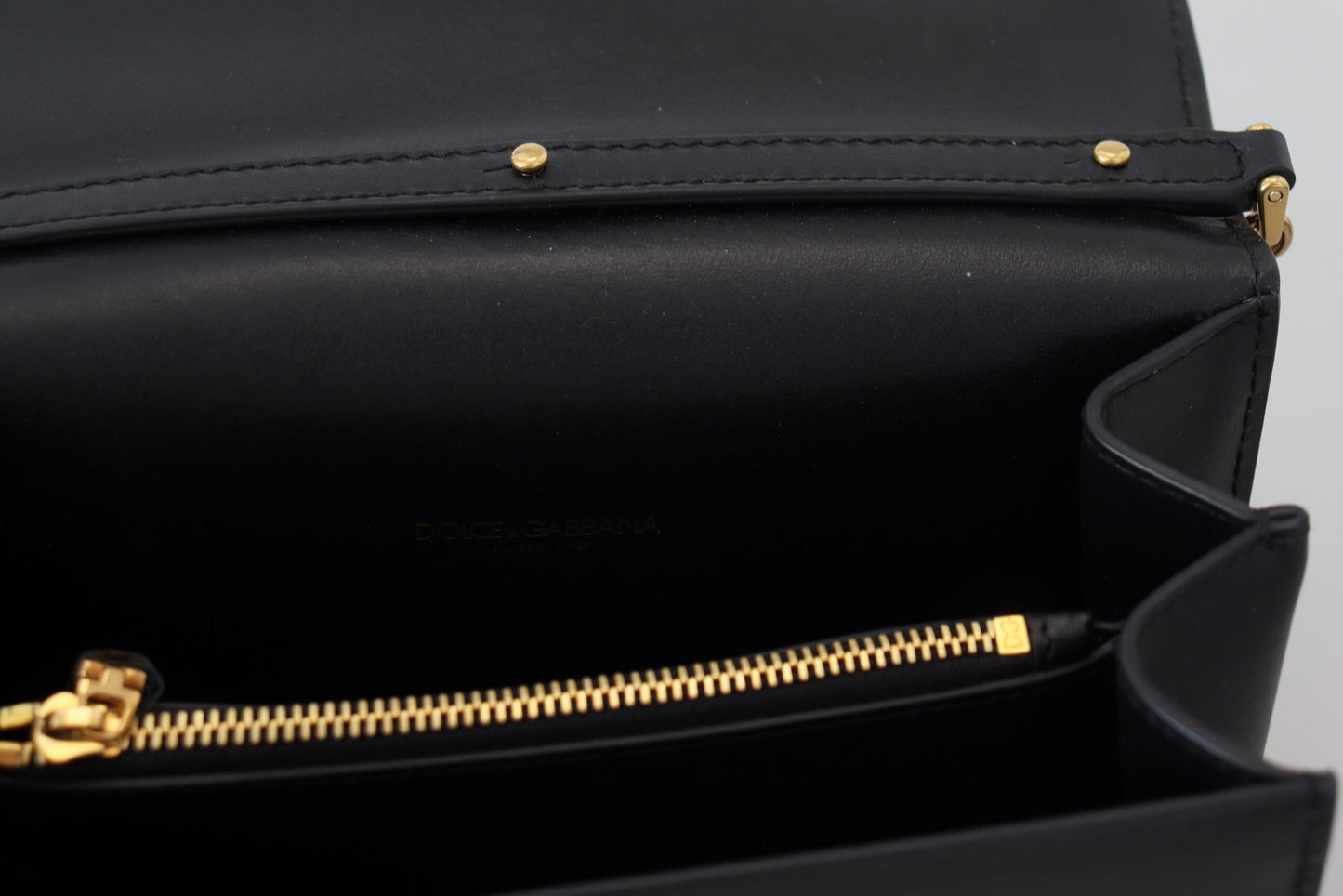 Dolce & Gabbana Chic Black Leather Shoulder Bag with Gold Detailing