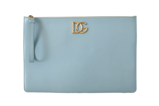 Dolce & Gabbana Elegant Blue Leather Clutch with Gold Accents