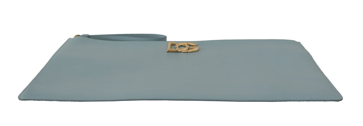 Dolce & Gabbana Elegant Blue Leather Clutch with Gold Accents