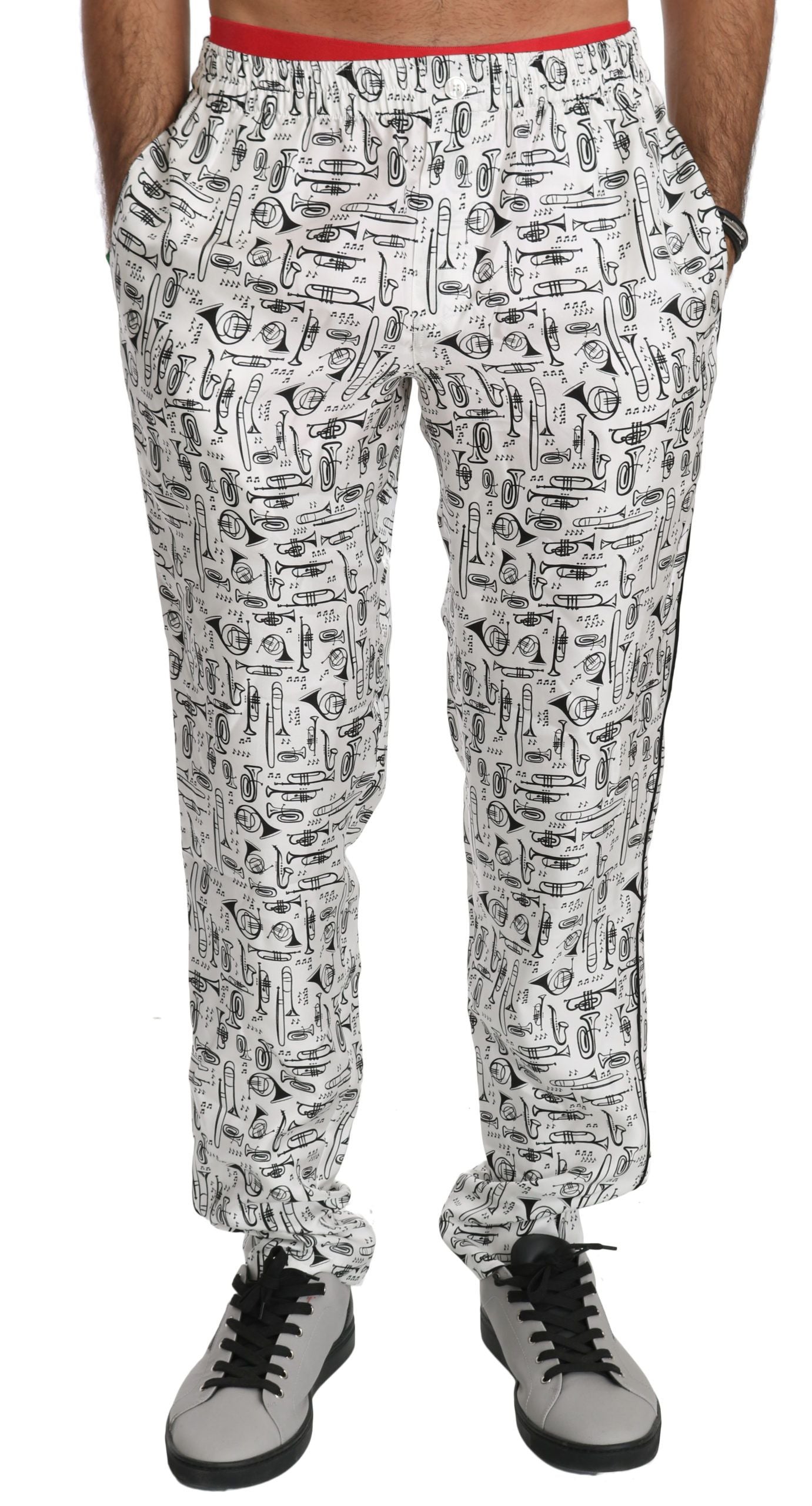 Dolce & Gabbana Elegant White Musical Instrument Silk Pants