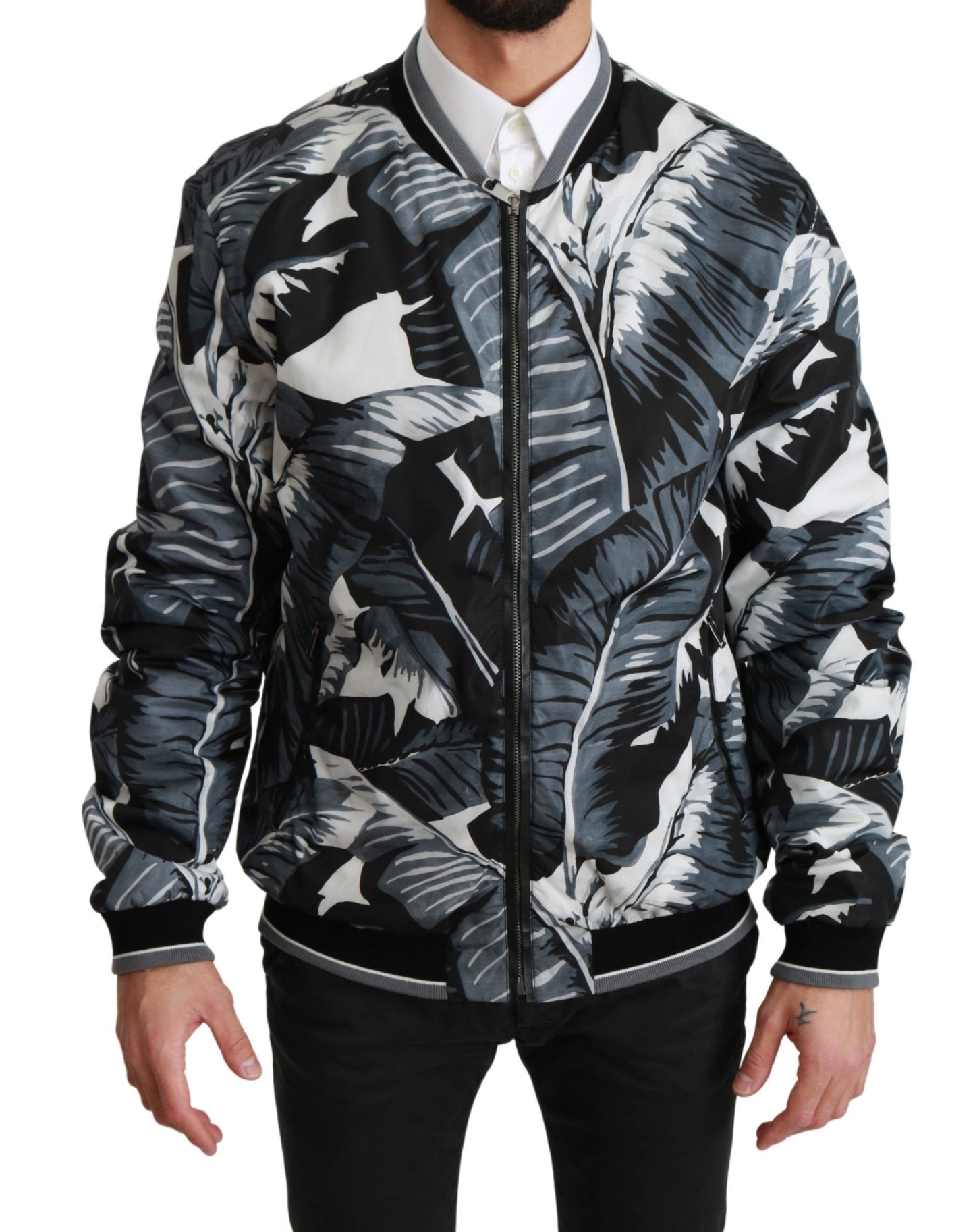 Dolce & Gabbana Black Banana Leaf Print Bomber Jacket