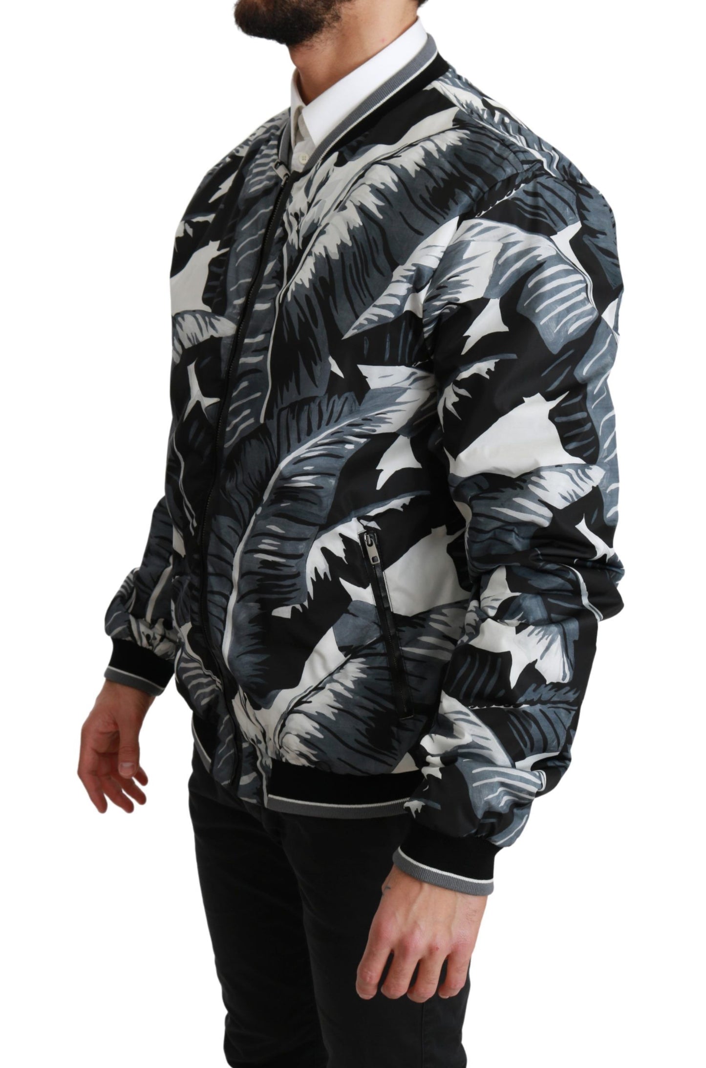 Dolce & Gabbana Black Banana Leaf Print Bomber Jacket