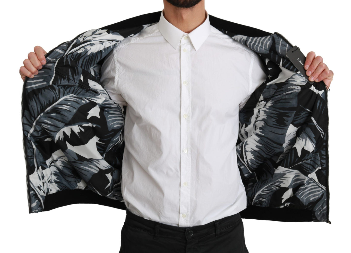 Dolce & Gabbana Black Banana Leaf Print Bomber Jacket