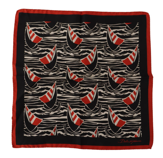 Dolce & Gabbana Black Red Sailboat Square Handkerchief Silk Scarf