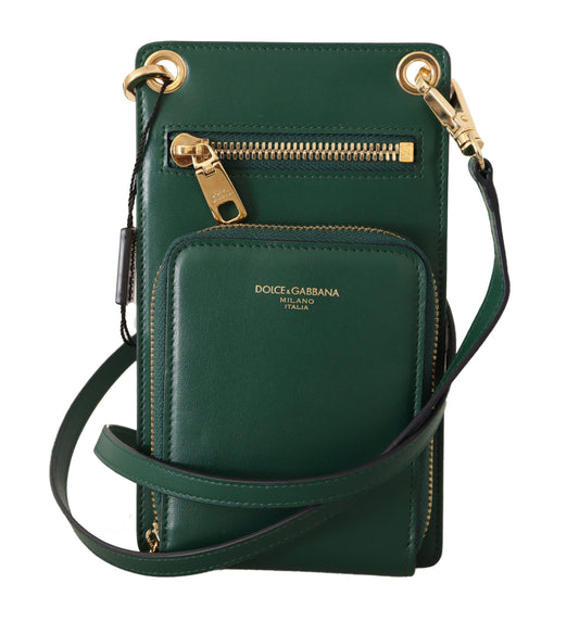 Dolce & Gabbana Exquisite Green Leather Phone Wallet with Strap