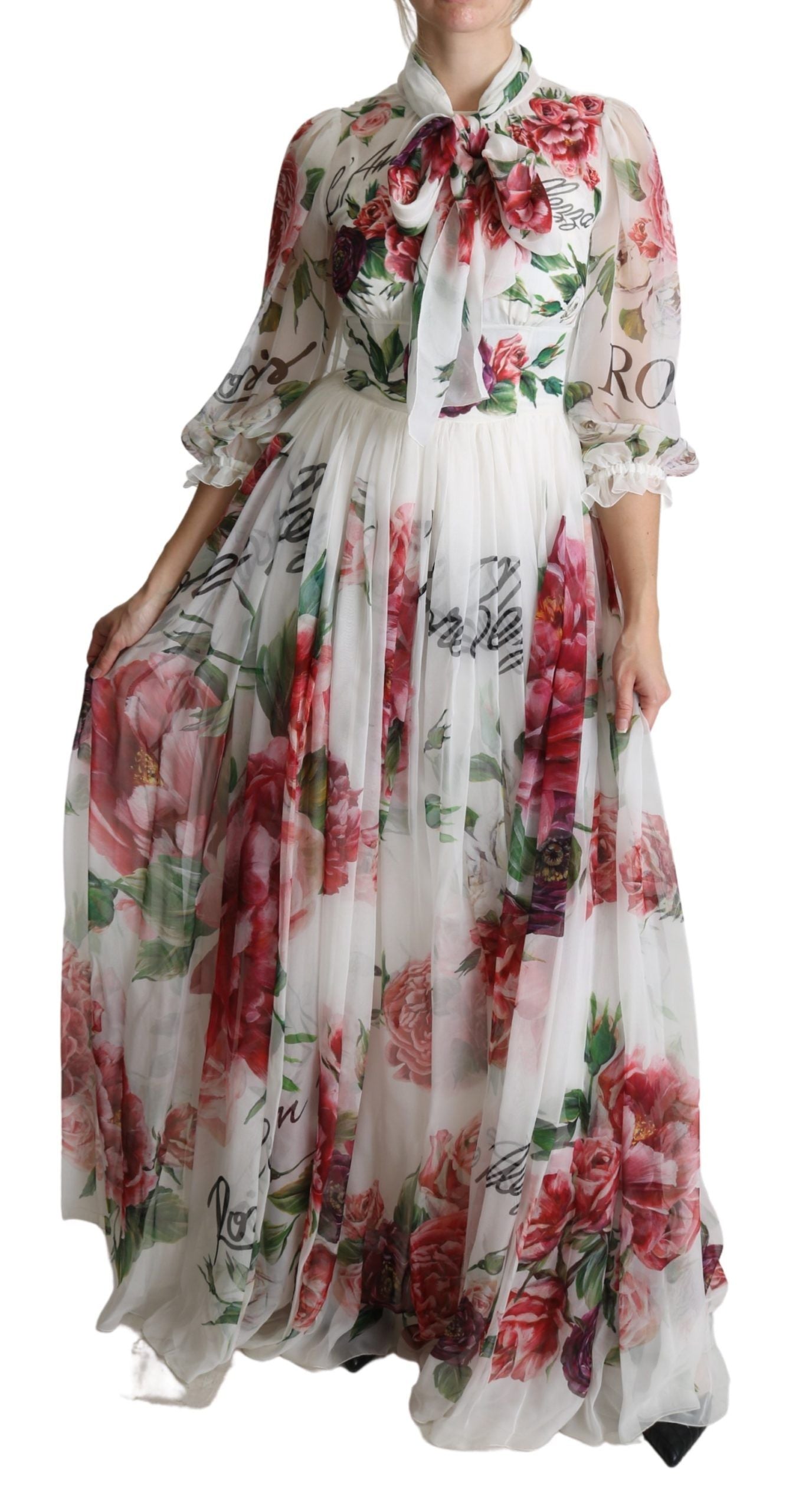 Dolce & Gabbana Elegant Floral Scarf Neck Pleated Gown