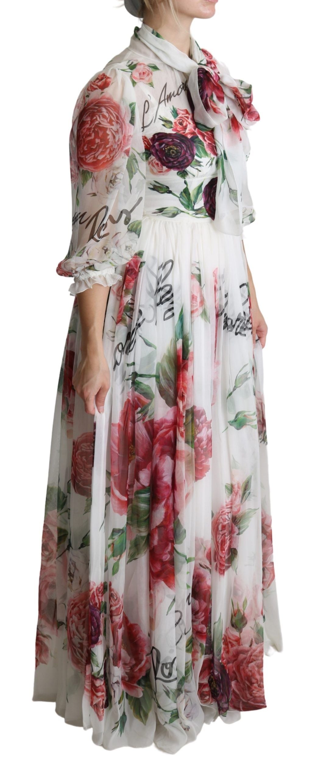 Dolce & Gabbana Elegant Floral Scarf Neck Pleated Gown