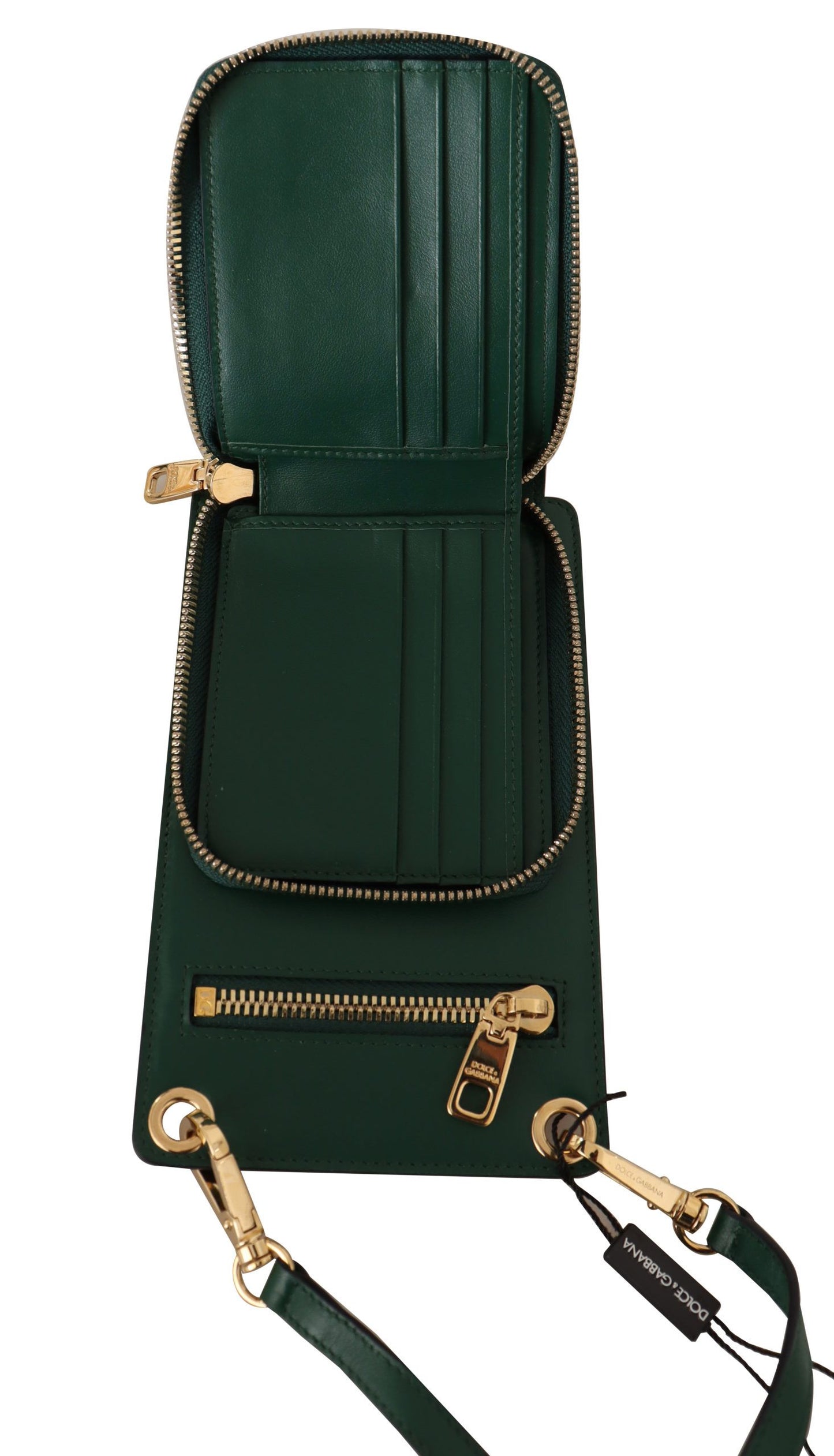 Dolce & Gabbana Exquisite Green Leather Phone Wallet with Strap