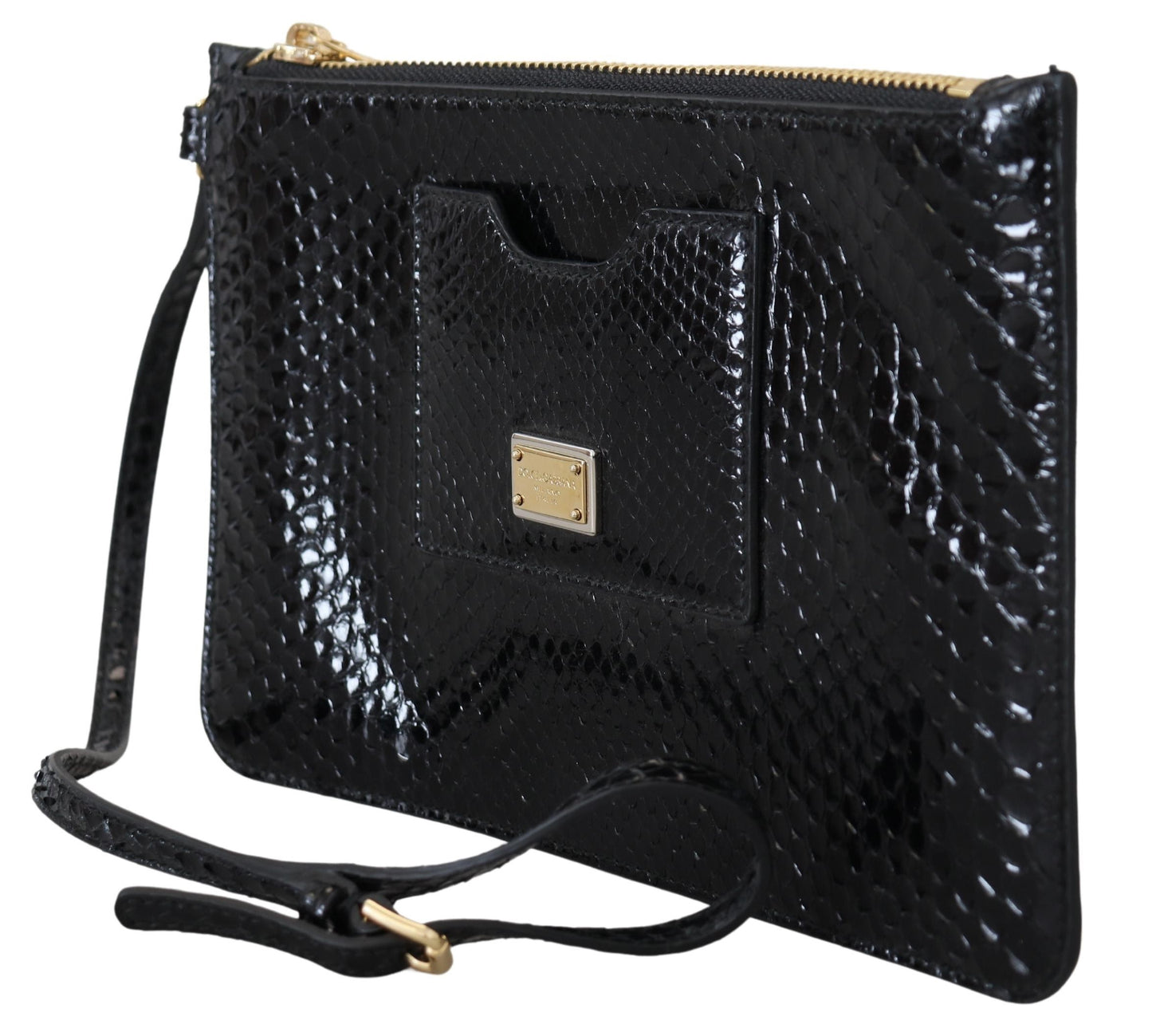 Dolce & Gabbana Elegant Black Leather Clutch with Gold Accents