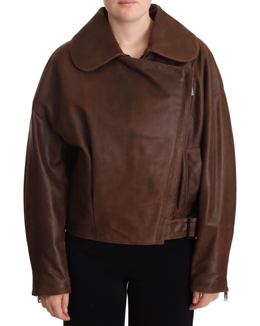 Dolce & Gabbana Brown Bull Leather Collared Biker Jacket