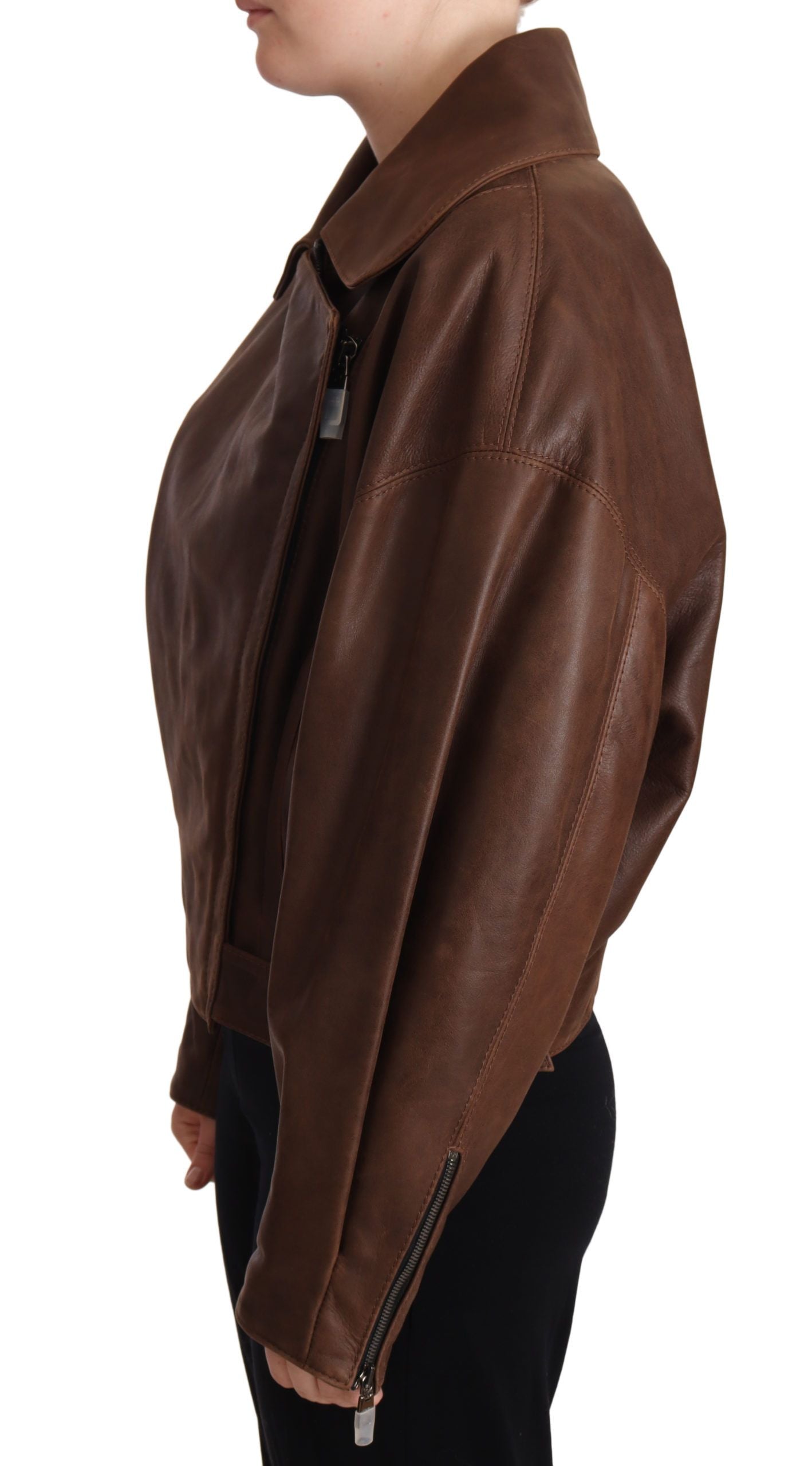 Dolce & Gabbana Brown Bull Leather Collared Biker Jacket