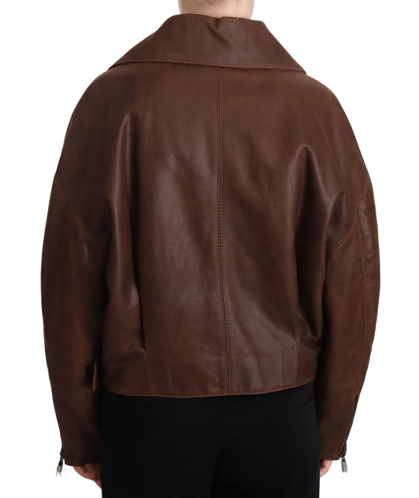 Dolce & Gabbana Brown Bull Leather Collared Biker Jacket