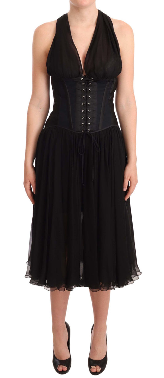 Dolce & Gabbana Elegant Black Halter Midi Silk Dress