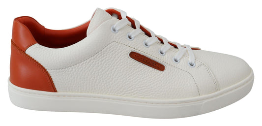 Dolce & Gabbana Chic White & Orange Low Top Leather Sneakers