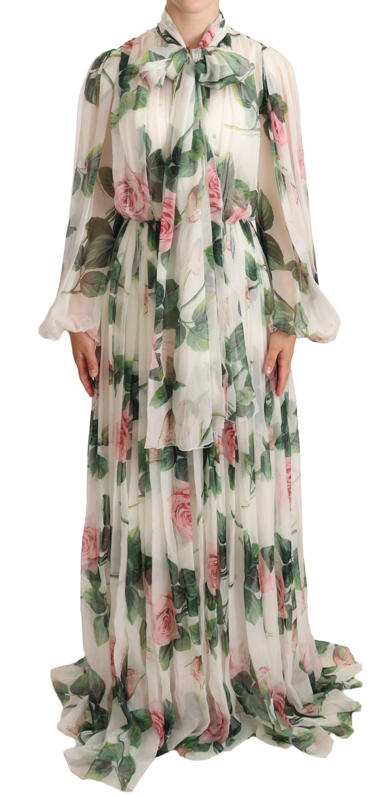 Dolce & Gabbana Elegant White Silk Maxi Dress with Pink Rose Print