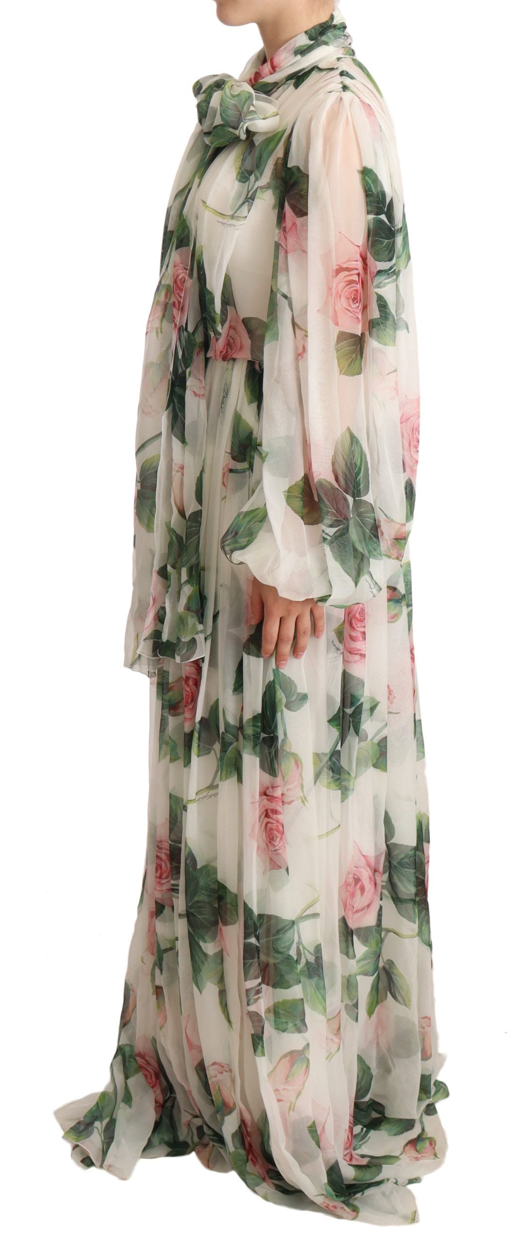 Dolce & Gabbana Elegant White Silk Maxi Dress with Pink Rose Print