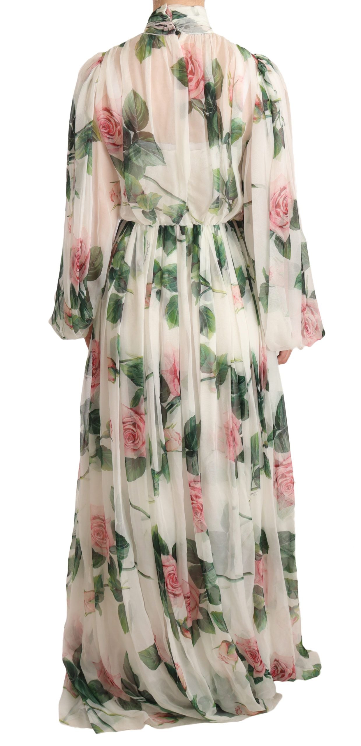 Dolce & Gabbana Elegant White Silk Maxi Dress with Pink Rose Print