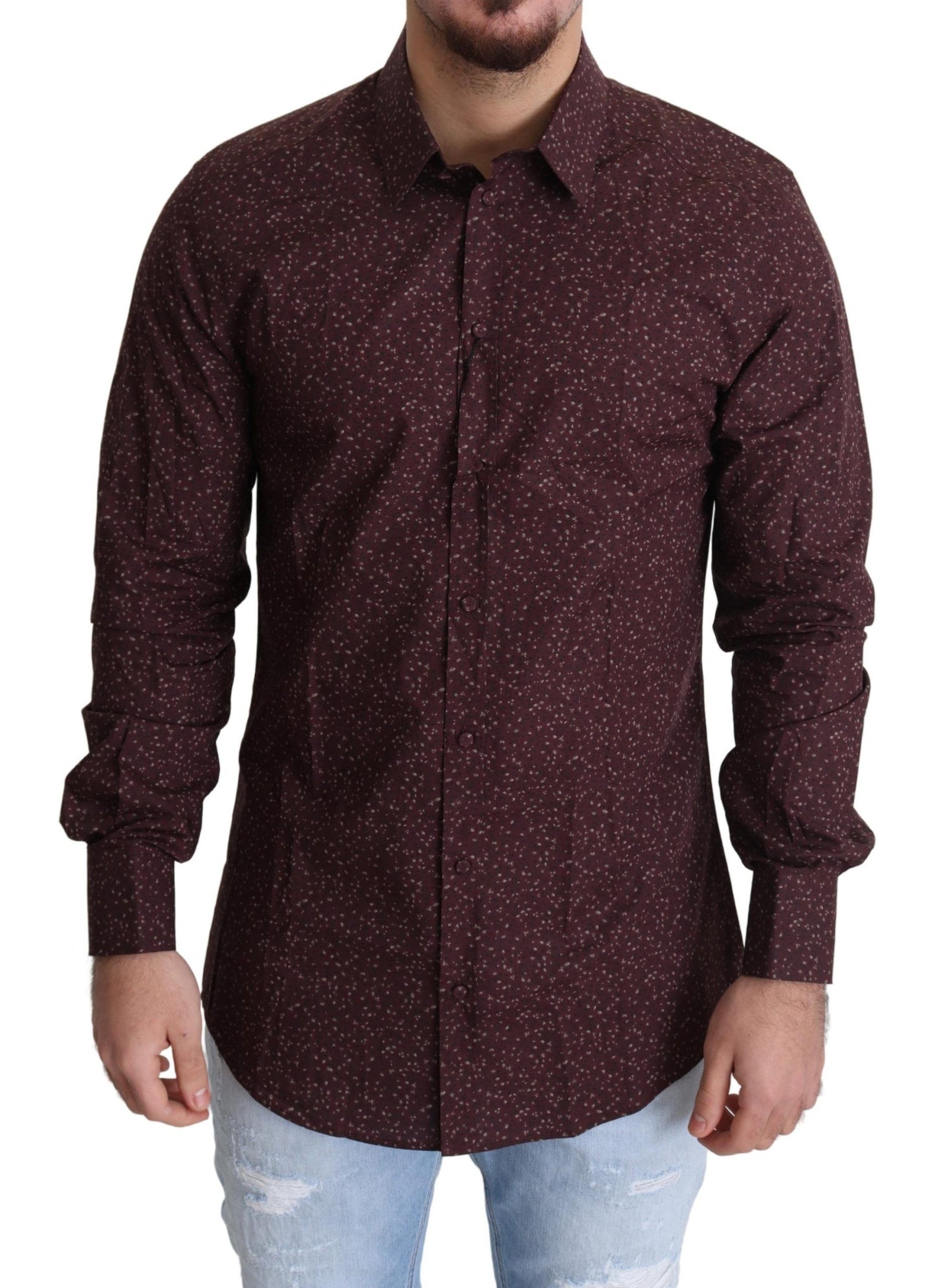 Dolce & Gabbana Maroon Cotton Floral Dress Formal Shirt