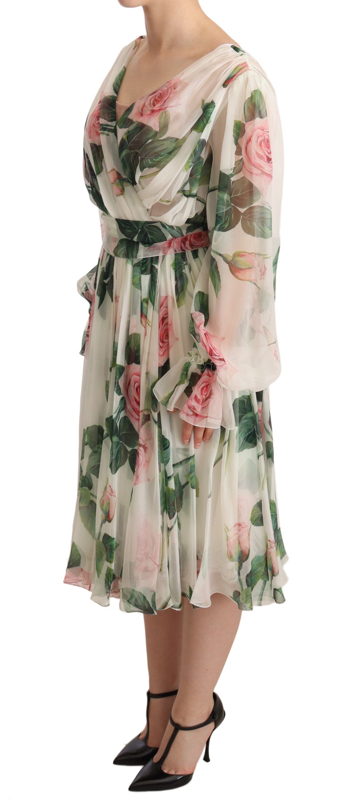 Dolce & Gabbana Elegant White Floral Silk Midi Dress