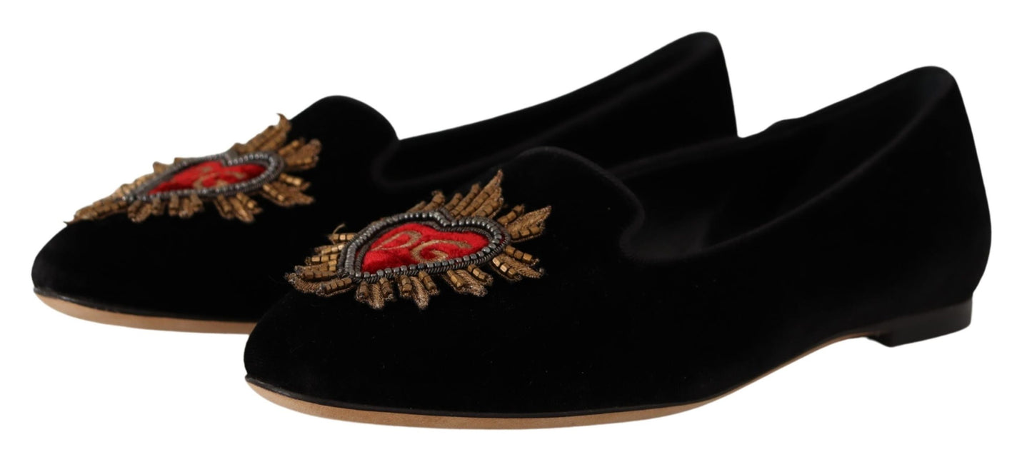 Dolce & Gabbana Black DG Sacred Heart Patch Slip On Flat Shoes