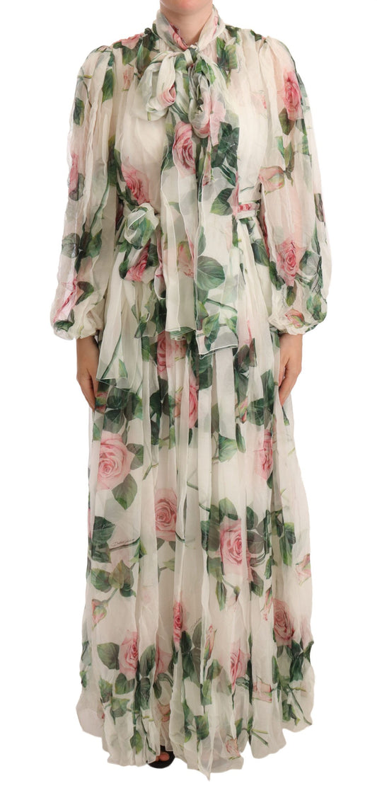 Dolce & Gabbana Elegant White Silk Maxi Dress with Rose Print