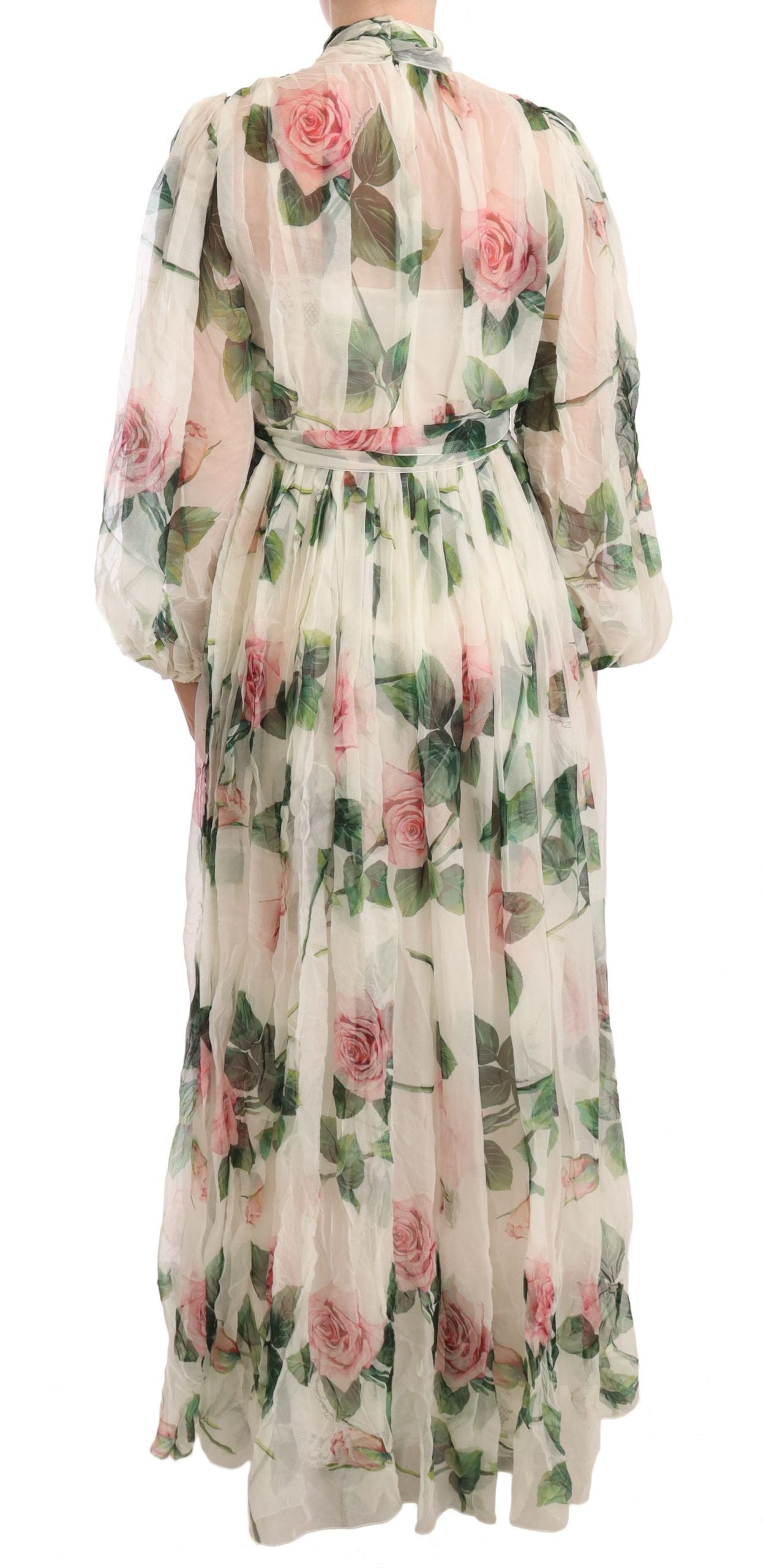 Dolce & Gabbana Elegant White Silk Maxi Dress with Rose Print