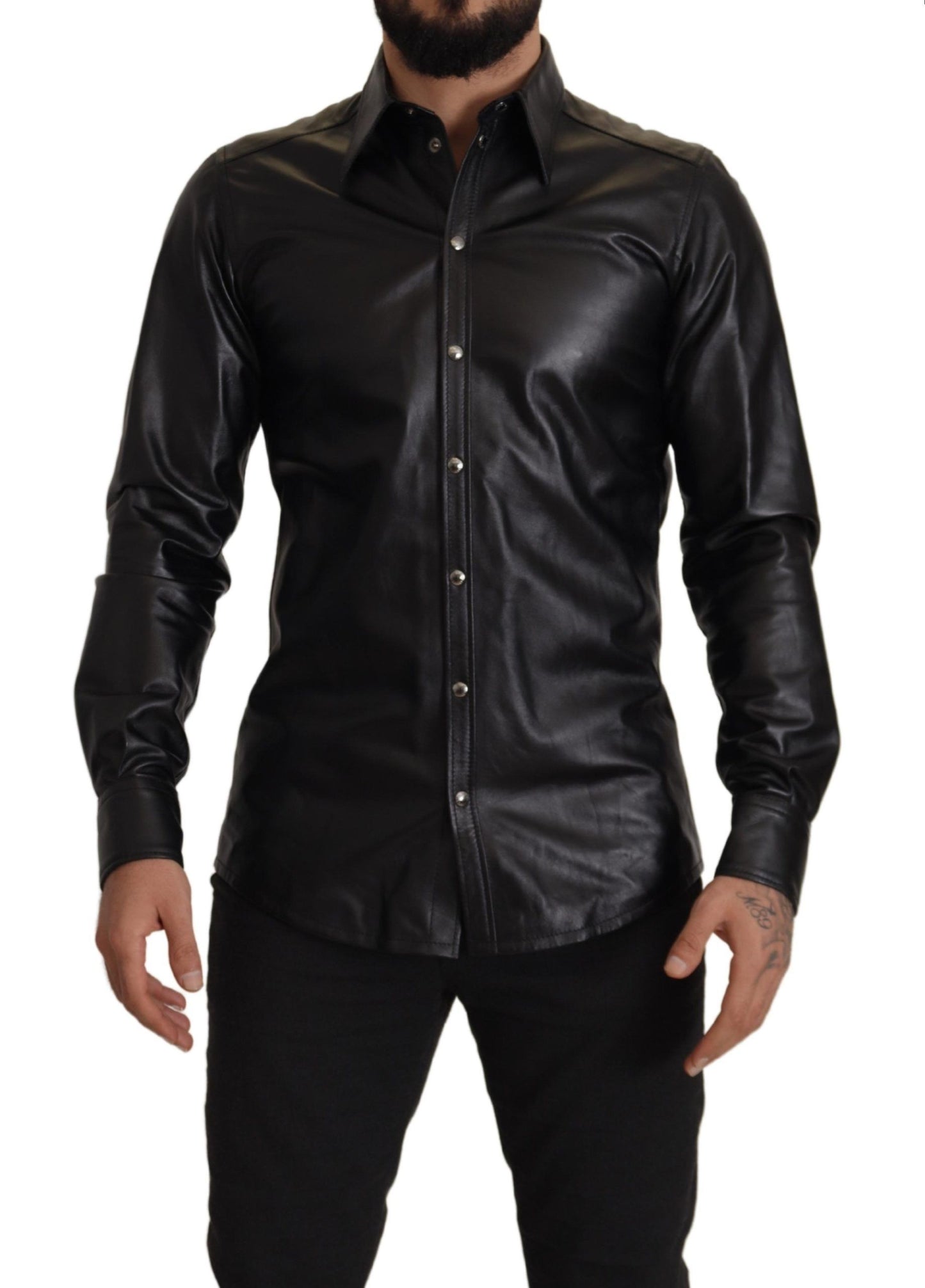 Dolce & Gabbana Elegant Leather Button-Down Slim Fit Shirt