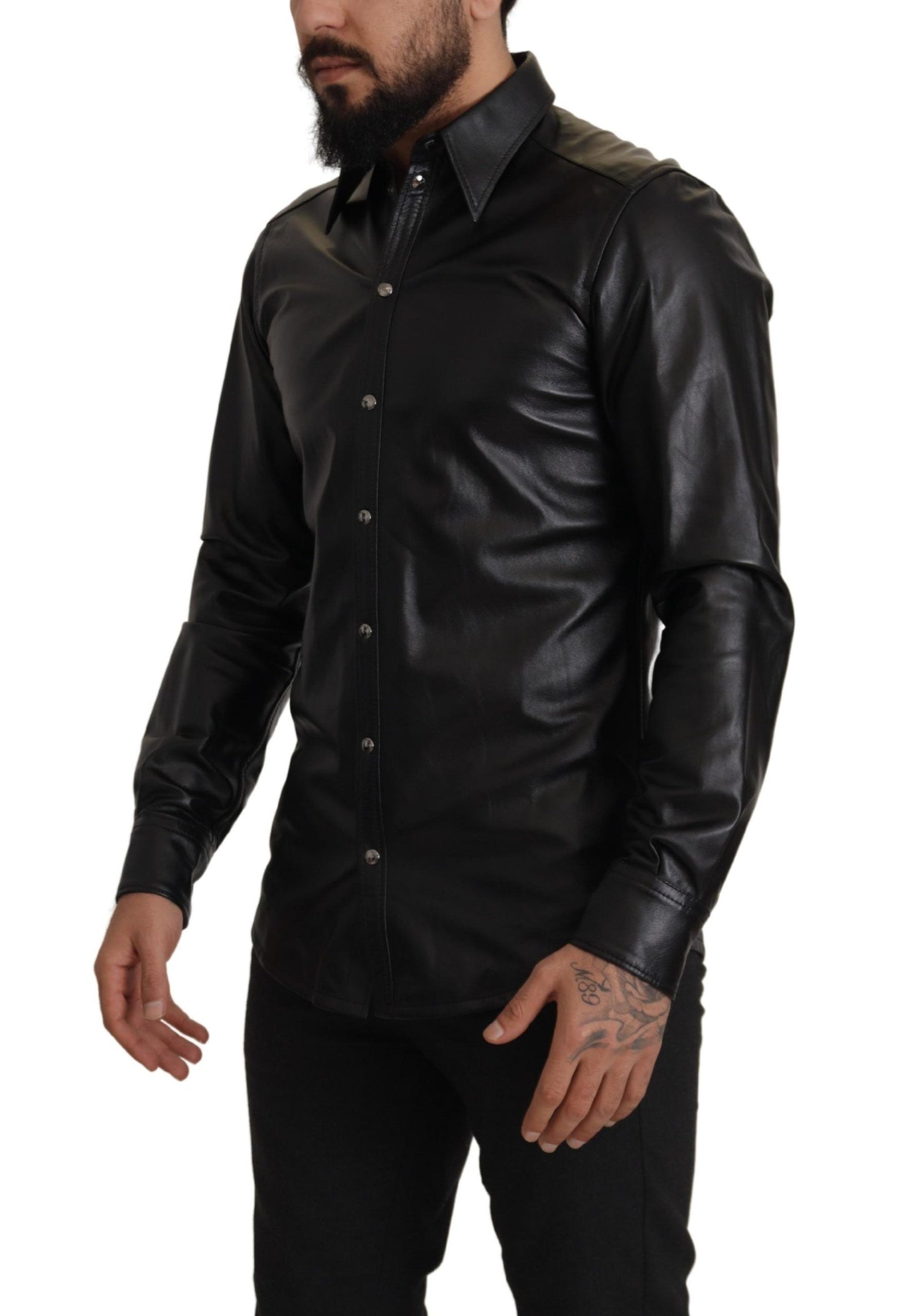 Dolce & Gabbana Elegant Leather Button-Down Slim Fit Shirt