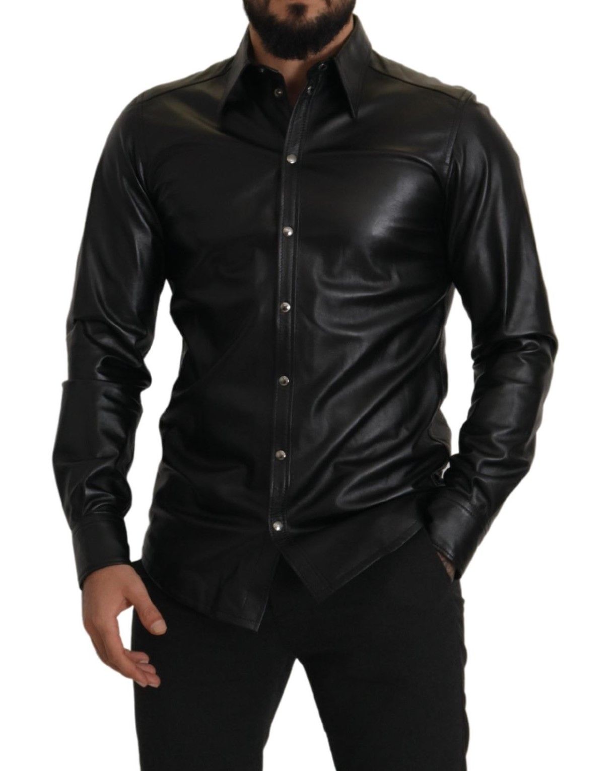 Dolce & Gabbana Elegant Leather Button-Down Slim Fit Shirt