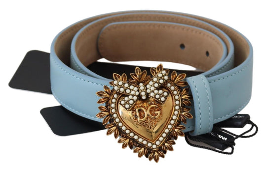 Dolce & Gabbana Elegant Blue Leather Belt with Engraved Buckle