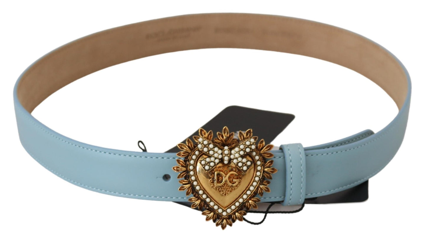 Dolce & Gabbana Elegant Blue Leather Belt with Engraved Buckle