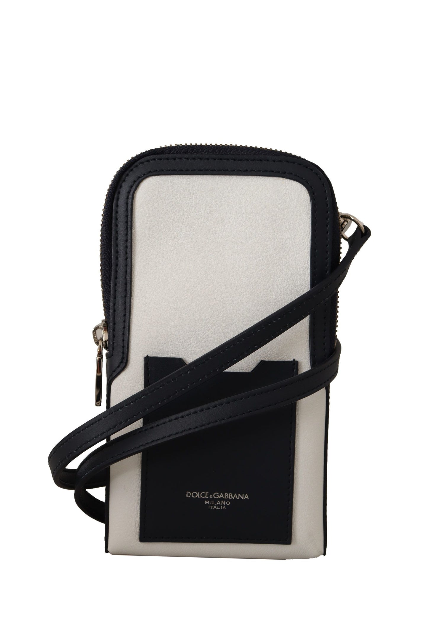 Dolce & Gabbana Elegant Blue & White Leather Phone Pocket Neck Strap