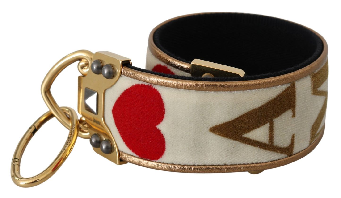 Dolce & Gabbana Gold White Textile Leather AMORE Shoulder Strap