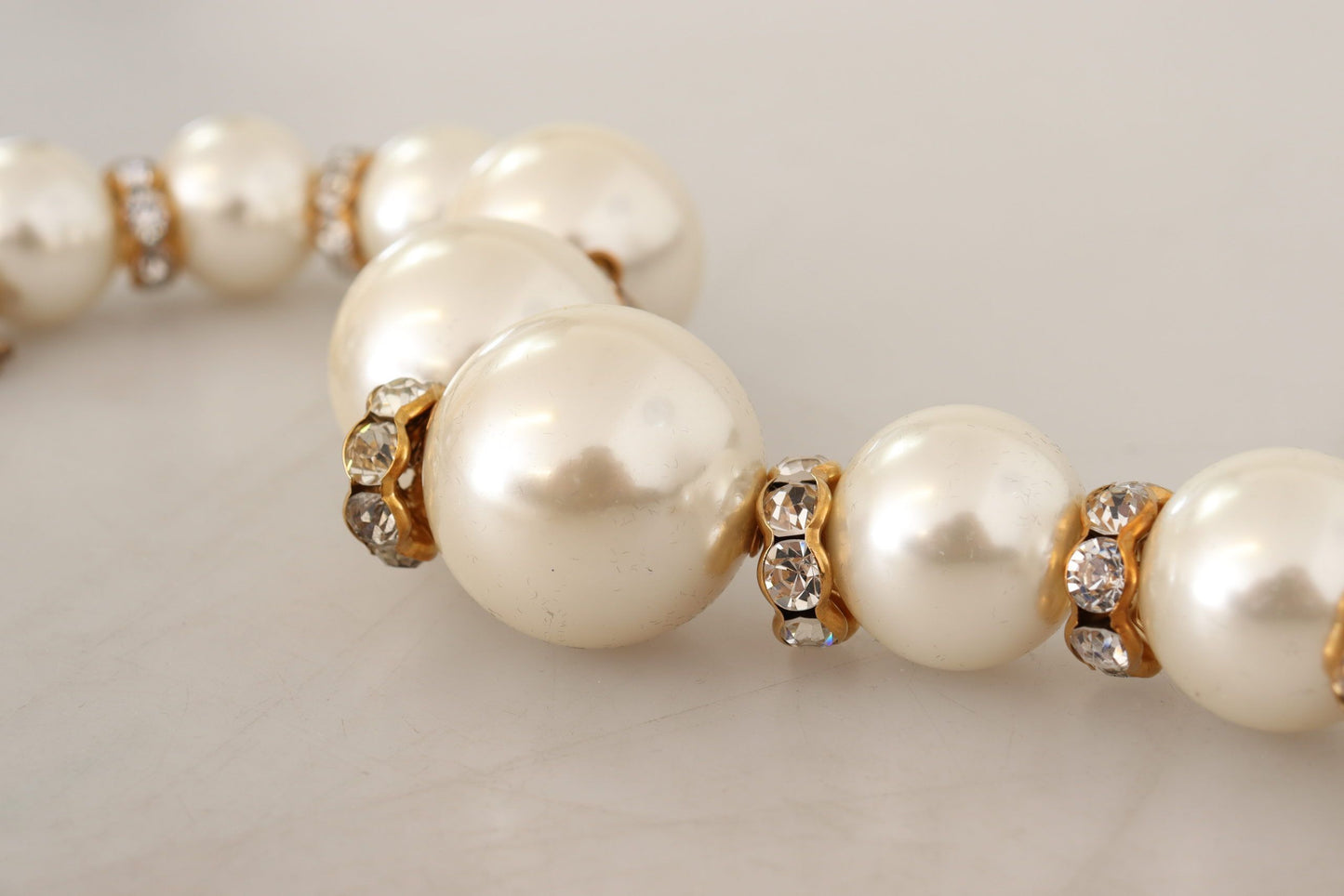 Dolce & Gabbana Elegant Faux Pearl Charm Necklace with Crystal Accents