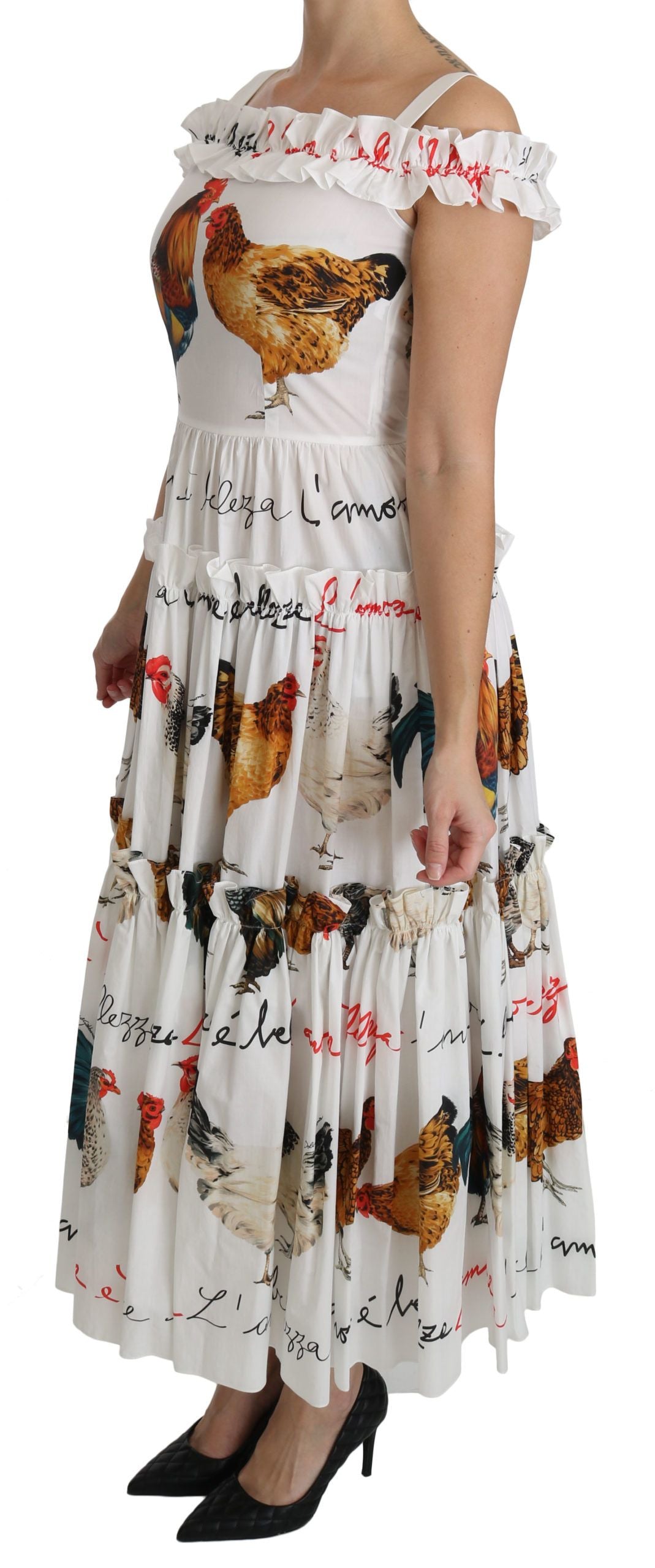 Dolce & Gabbana White Rooster Sheath Midi Cotton Dress